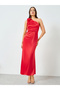 Red Satin One Shoulder Floral Detail Maxi Dress - 4