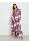 Women Floral Satin Print Long Sleeves Tiered Maxi Dress - 3