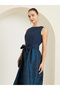 Navy Blue Floral Sleeveless Maxi Dress with Bow Detail - 5