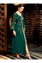 Women's Solid Rhinestone Embellished Golden Trim V Neck Long Sleeve Jalabiya - 4