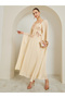 Beige Embellished Cape Sleeve A-Line Maxi Dress - 3