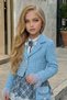Girl's Blue Chanel Jacket with Feathered Sleeves and Lace Embroidered Plaid Dress with Skirt Hem - 6