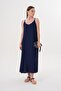 Women's Navy Blue Rope Strap Muslin Long Dress with Side Slits