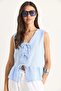 Women's Blue Tie-Front Sleeveless Skirt with Ruffles Muslin Blouse