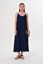 Women's Navy Blue Rope Strap Muslin Long Dress with Side Slits - 2