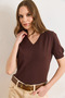 Women's Brown V-Neck Very Soft Textured Viscose Knitwear Blouse Blz-19003219 - 3