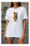 White Women's Teddy Bear Robot Printed Cotton T-Shirt Oversize Unisex Stylish Patterned T-Shirt