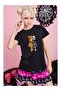 Black Women's Teddy Bear Robot Printed Cotton T-Shirt Oversize Unisex Stylish Patterned T-Shirt - 2