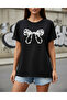 Women's Black Pearl Bow Patterned Cotton T-Shirt Stylish Printed Oversize