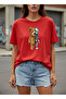 Red Women's Teddy Bear Robot Printed Cotton T-Shirt Oversize Unisex Trendy Patterned T-Shirt