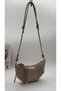 Croissant Model Women's Shoulder Bag with Wrinkled Leather Detail Beige
