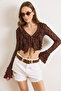 Women's Brown Lace-Up Detailed Boho Lace Blouse Blz-19003228 - 5