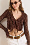 Women's Brown Lace-Up Detailed Boho Lace Blouse Blz-19003228 - 6
