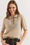 Women's Stone Stripe Detailed Polo Collar Openwork Knitwear Blouse Blz-19003227