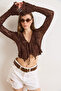 Women's Brown Lace-Up Detailed Boho Lace Blouse Blz-19003228 - 3
