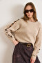 Women's Stone Sleeve Low-Cut Stone Detailed Soft Textured Sweater Kzk-19001103 - 4