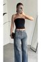 Women's Dark Blue Stoned Wide Leg Jean Trousers High Waist Loose Leg Denim - 6