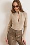 Women's Stone Color Stand Collar Snap Fastener Soft Textured Knitwear Sweater Kzk-19000998 - 5