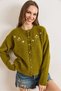 Women's Oil Green Embroidered Button Detailed Soft Textured Cardigan Hrk-19000477 - 3