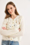 Women's Ecru Embroidered Tiny Pompom Openwork Seasonal Cardigan Hrk-19000475 - 5