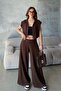Women's Brown Soft Modal Textured Vest Wide Leg Pants Bottom Top Sports Set
