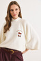 Women's White Half Fisherman Embroidered Three-Quarter Sleeve Knitwear Sweater Kzk-19001166 - 3