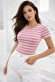 Women's Pink Crew Neck Cotton Striped Short Sleeve Crop T-Shirt - 5