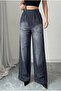 Women's Anthracite Denim Patterned Wide-Leg Elastic Waist 2-Yarn Comfortable Sweatpants-Pants - 7