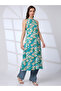 Halter Neck Floral Print A-Line Fusion Kurta - 2