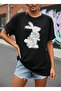 Women's Floral Rabbit Printed 100% Cotton Oversize Black T-Shirt