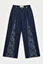 Women's Indigo Selvedge 7S6-50 Wide Leg Lace Embroidery Detailed Special Design Denim Jeans - 5