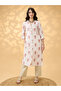 V Neck Animal Print Button Detail Straight Fusion Kurta