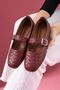 Toledo Burgundy Leather Knitted Textured Nickel Buckle Belted Ballerinas - 4