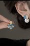 Women's Earrings Blue Enamel Asymmetric Flower Pearl Detail Premium Women's Earrings