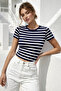 Women's Navy Blue Crew Neck Cotton Striped Short Sleeve Crop T-Shirt - 4