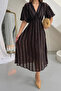 Women's Brown V-Neck Gathered Waist Soft Textured Lined Midi Dress - 5