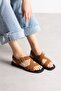 Women's Tan Suede Sandals Comfortable Flat Sole Casual Summer Cross Strap Buckle Javen - 3
