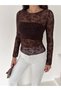 Women's Brown Floral Print Long Sleeve Tulle Blouse - Transparent Stylish Stretchy Night Blouse - 2