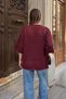 Burgundy Mesh Knitted Crew Neck Relaxed Fit Women's Knitwear Blouse - 5