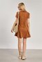 Women's Front Zippered Polo Collar Suede Dress - Tan - 5