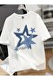 Star Printed White Oversize Unisex T-Shirt Basic Comfortable Fit Daily Tshirt