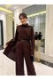 Women's Long Sleeve Shawl Detailed Blouse and Trousers Two-Piece Set (Belt Not Included)