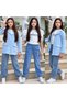 Girl's Jacketed Suit with Jean Pants 3-Piece Set - Blazer Jacket - Balloon Sleeve T-Shirt - Holiday Outfit
