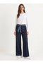 Women's Navy Blue Satin Belt Detailed Wide Leg Denim Trousers 7510 60283941 - 2