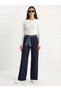 Women's Navy Blue Satin Belt Detailed Wide Leg Denim Trousers 7510 60283941 - 4
