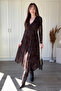 Velvet Printed V-Neck Asymmetrical Midi Brown Dress - 3