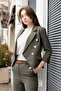 Women's Double-Breasted Pocket Flap Sleeve Slit Lightweight Lycra Fabric Short Jacket-Khaki - 2