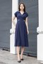 Women's Modal Diagonal Double-Breasted Wrap Collar Skirt with Pleated Pockets, Midi Length Below the Knee Dress - Navy Blue - 2