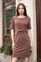 Women's Lycra Modal Silky Fabric Boat Neck Dress with Accessories in Front and Above the Elbow Sleeves - Brown - 5