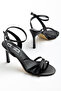 Black Leather Cross-Strapped Ankle Strap Heeled Women's Sandals - 3